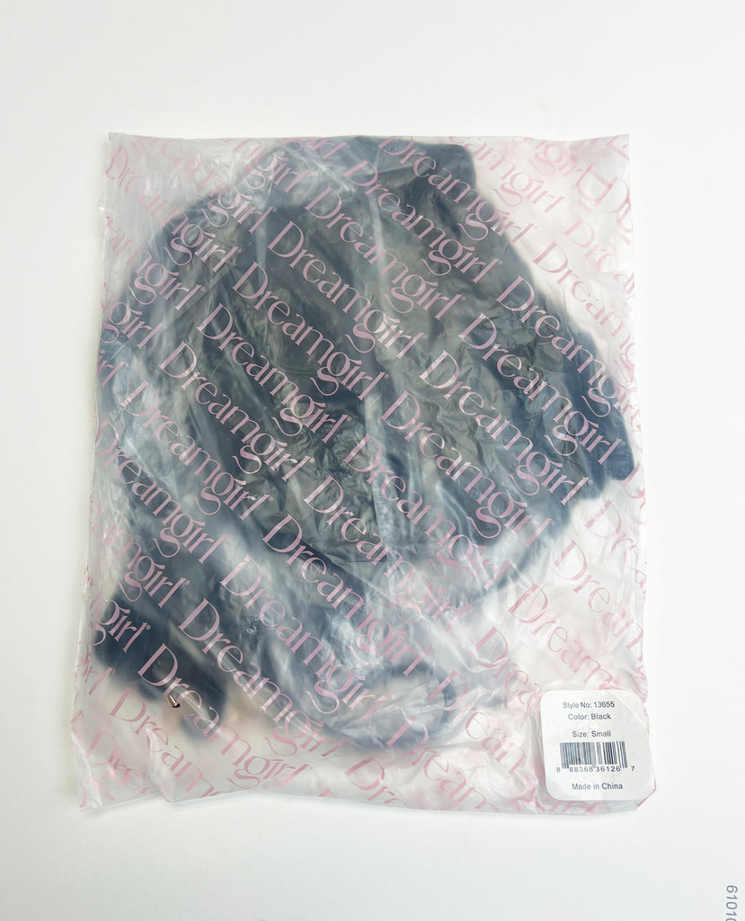 Embroidered Stretch Faux Leather Bustier w/G-String 2 pc Set - Black XL