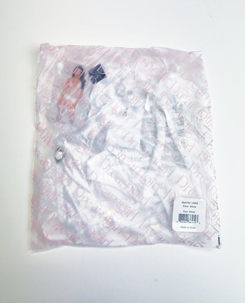 Rose Embroidered Lace Teddy w/Removable Satin Garter 2 pc Set - White MD