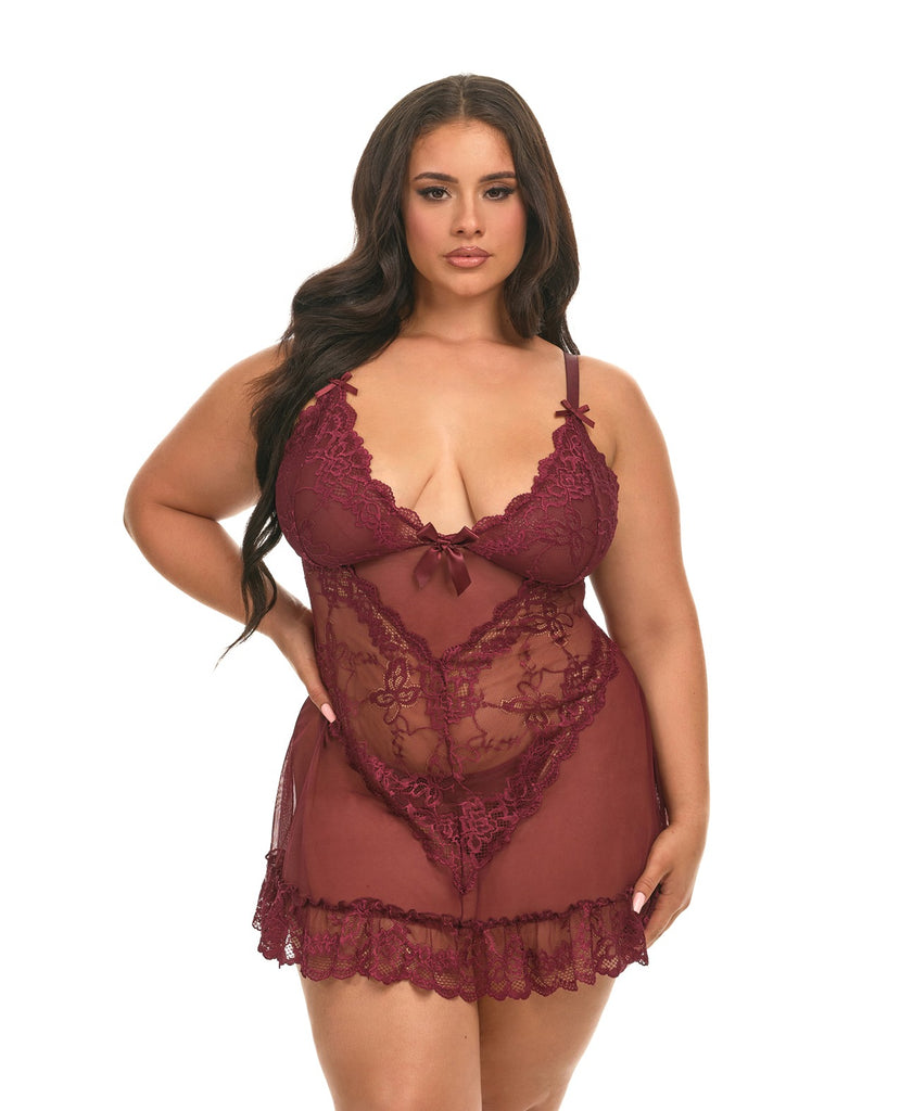 Valentine Lace Babydoll w/Bows & G-Sting - Zinfandel 3X/4X