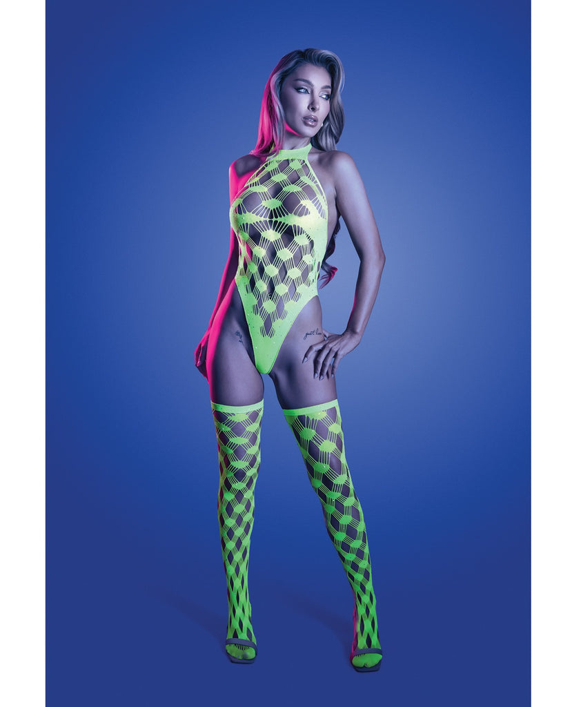 Adrenaline Halter Teddy & Stockings in Geometric Rhinestone Diamond Fishnet - Neon Green O/S