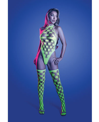 Adrenaline Halter Teddy & Stockings in Geometric Rhinestone Diamond Fishnet - Neon Green O/S