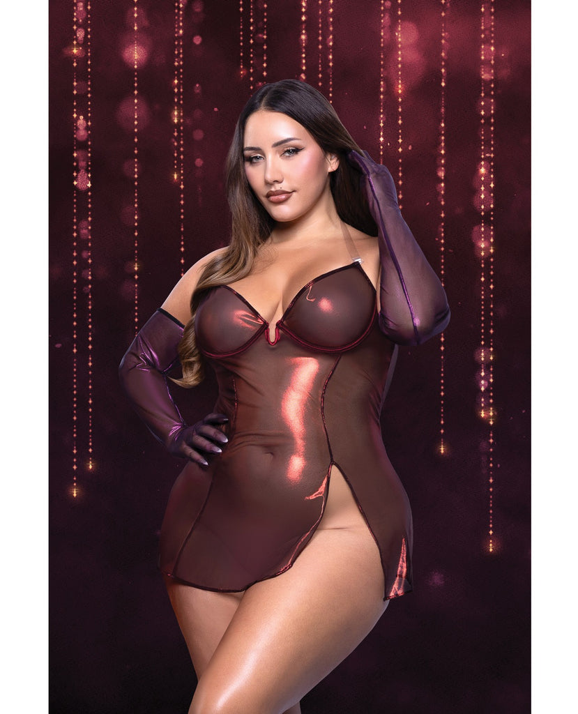 Hollywood Scarlet Shimmer Dress w/Lace Up Back & Gloves - Red 3X/4X