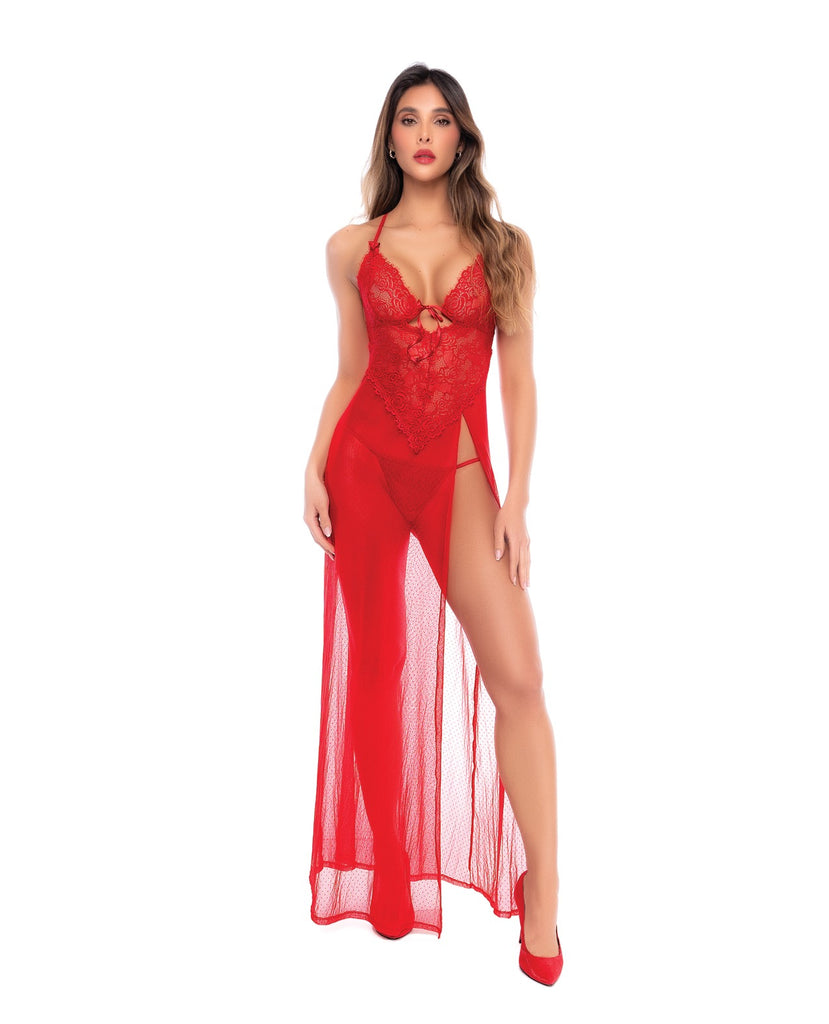 Dotted Lace & Mesh Maxi Dress w/High Side Slit & Thong - Red L/XL