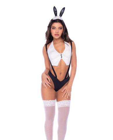 Sexy Bunny 3 pc Set w/Halter Top, Suspender Panty, & Bunny Ear Headband - Black/White L/XL