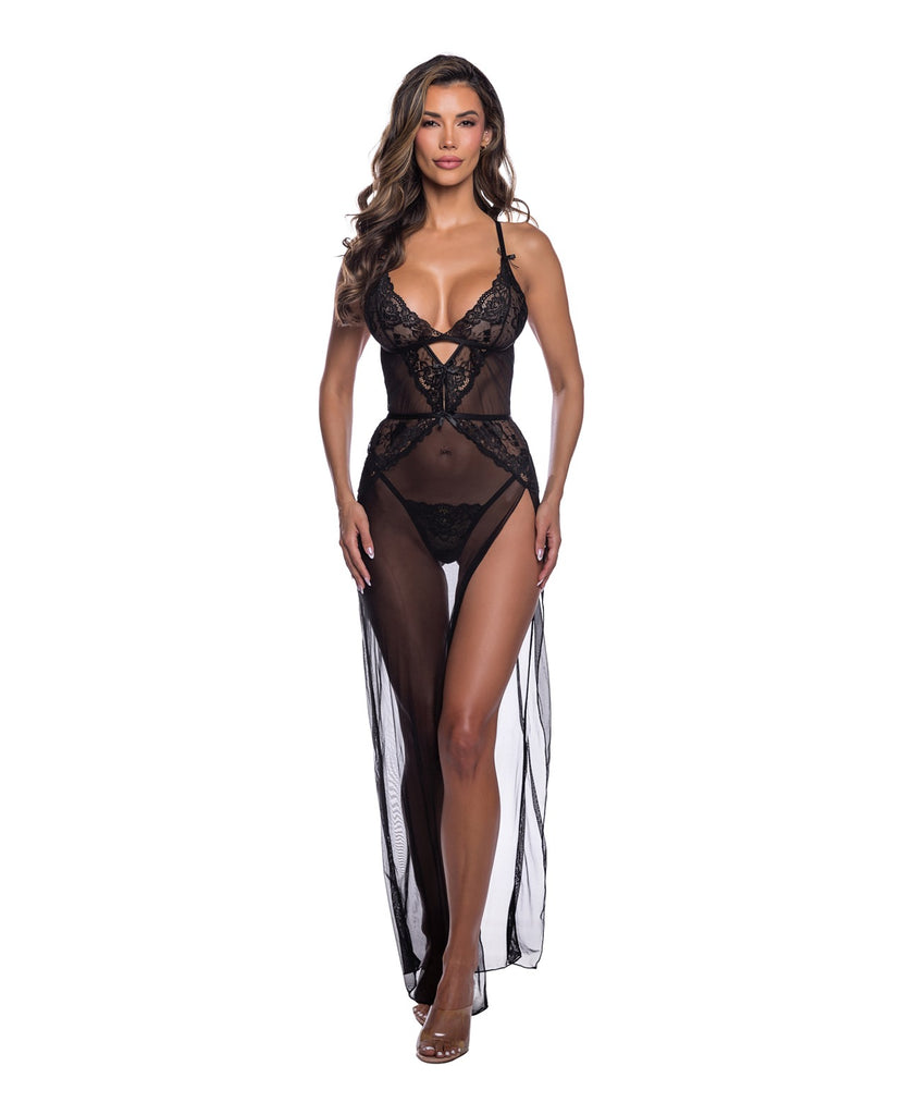 Sheer Desire Lace & Mesh Gown w/High Side Slit - Black L/XL