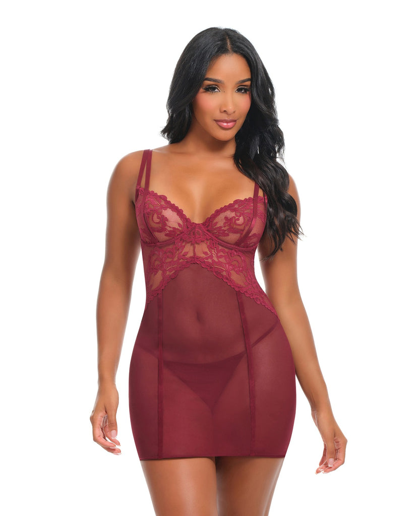 Marisol Unlined Underwire Lace & Mesh Babydoll - Zinfandel S/M