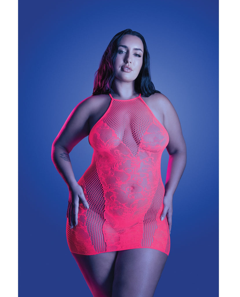 Back It Up Fishnet Halter Dress in Floral Knit - Neon Pink QN