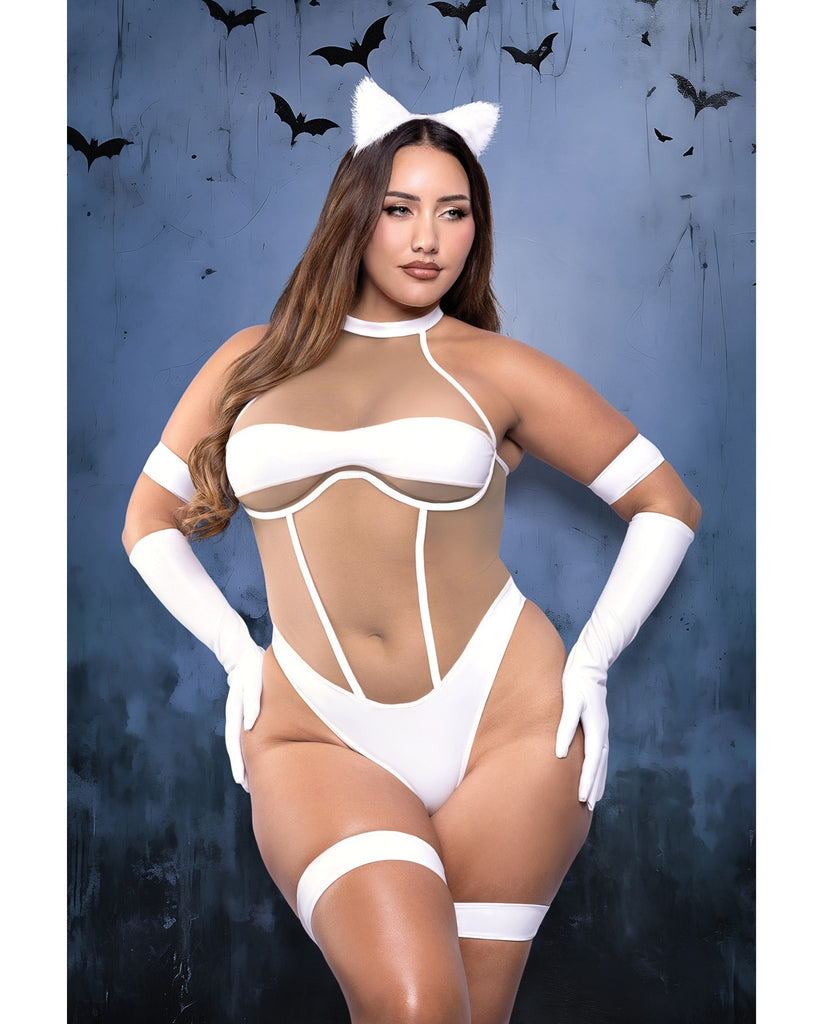 Midnight Purr Sheer Nude Mesh Teddy w/Glove, Armbands, Garters, & Cat Ears - White 3X/4X