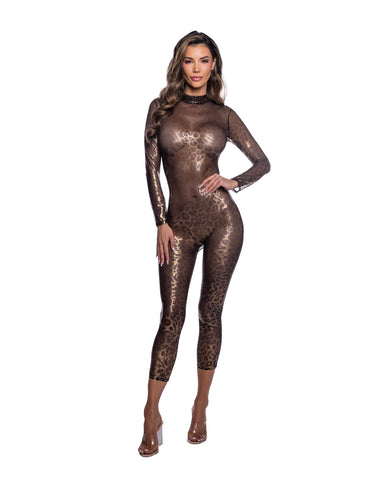 Wild Cheetah Sheer Mesh Long-Sleeve Catsuit - Leopard SM
