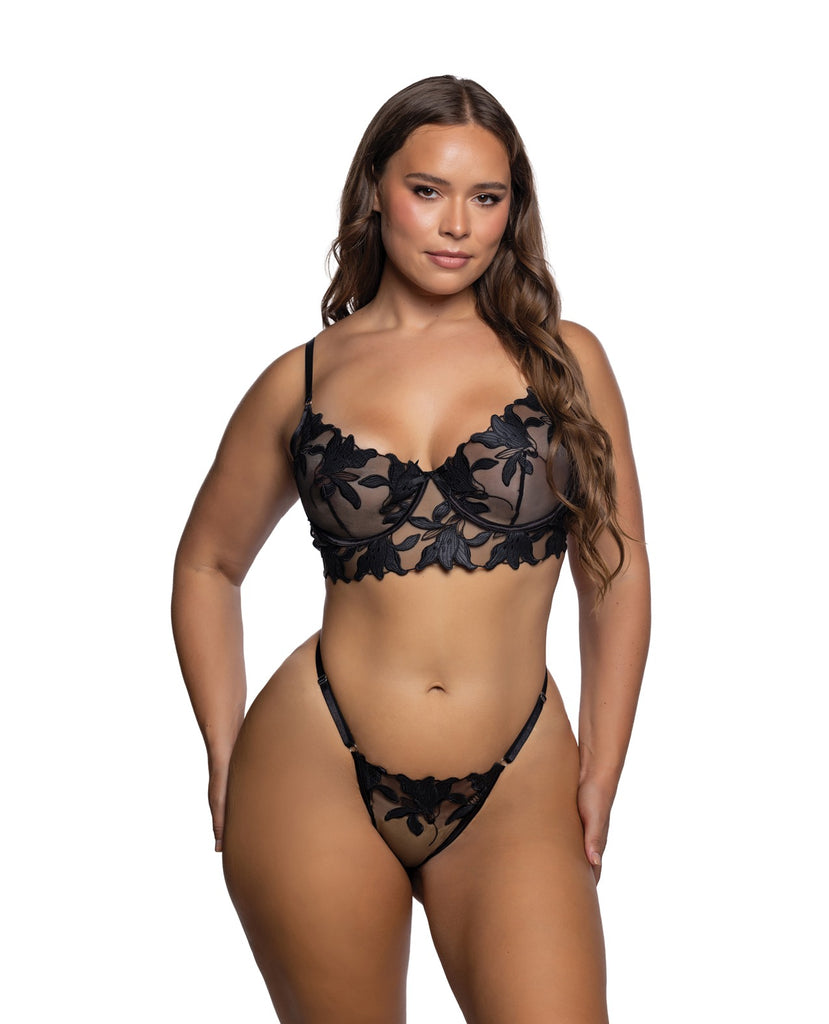 Intricate Floral Lace Underwire Bra & Panty 2 pc Set - Black 2X