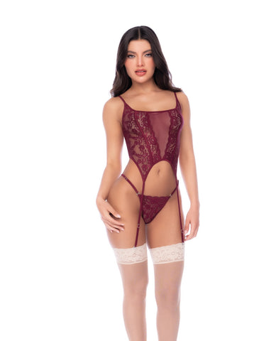 Sheer Lace & Mesh Top w/Attached Garter Straps & Thong 2 pc Set - Burgundy L/XL