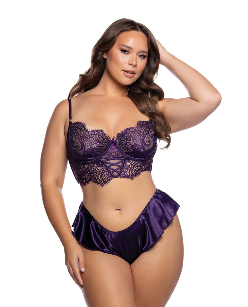 Lace Bralette w/Crisscross Detail & Satin Ruffle Shorts 2 pc Set - Purple 1X