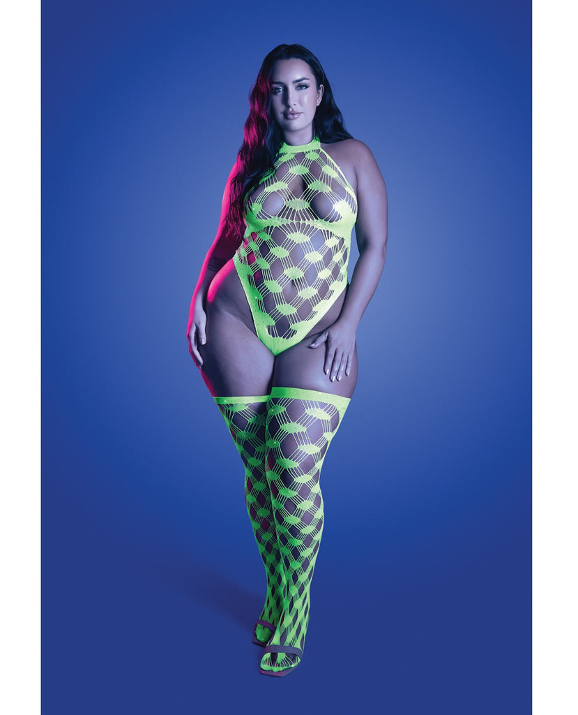Adrenaline Halter Teddy & Stockings in Geometric Rhinestone Diamond Fishnet - Neon Green QN