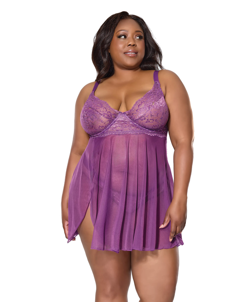 Metallic Stretch Lace & Mesh Babydoll w/Thong - Purple 1X/2X