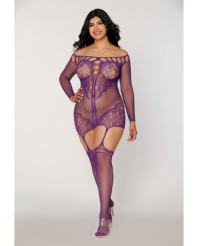 Scalloped Lace and Fishnet Garter Dress w/Attached Stockings - Purple QN