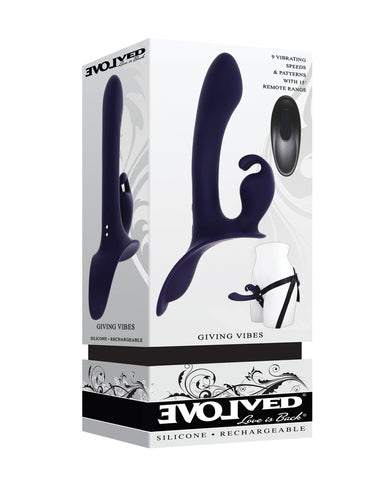 Evolved Giving Vibes Strap-On Bunny Eared Stimulator w/Remote Control - Purple