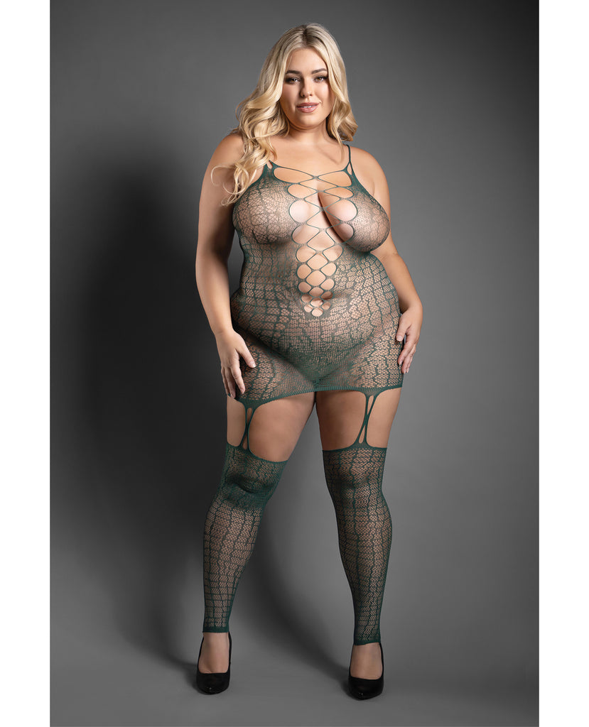 Sheer Wild Heart Reptile Print Bodystocking Dress w/Attached Stockings - Green QN