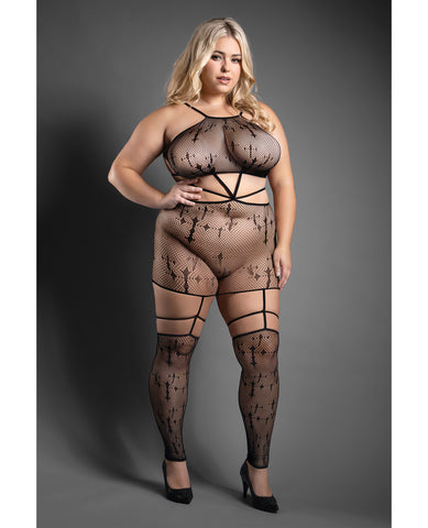 Sheer Unholy Gartered Bodystocking Dress w/Attached Stockings - Black QN