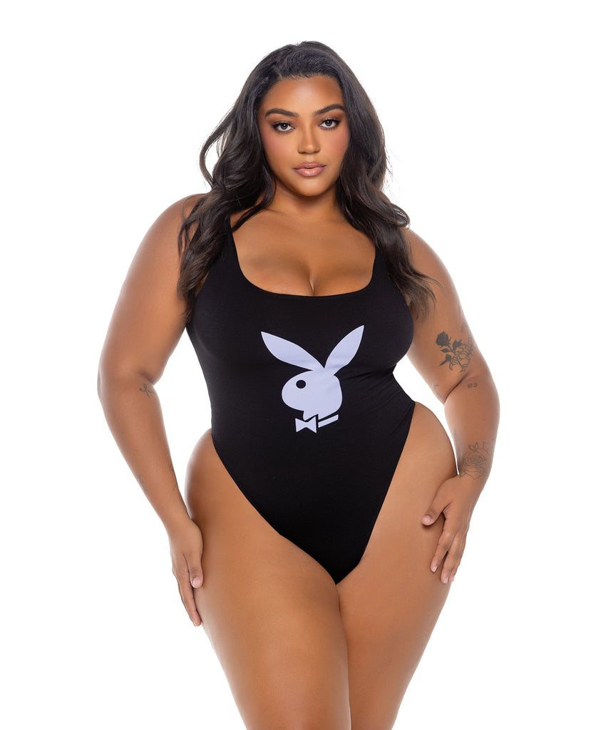 Playboy Scoop Neck Teddy w/Thong Back & Bunny Logo - Black/Lavender 2X