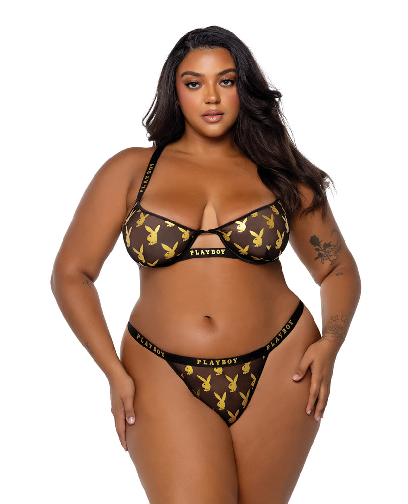 Playboy Gold Foil Mesh & Satin Bralette w/Thong 2 pc Set - Black/Gold 1