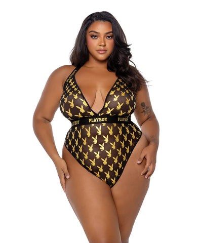 Playboy Bunny Gold Foil Halter Teddy - Black/Gold 1X