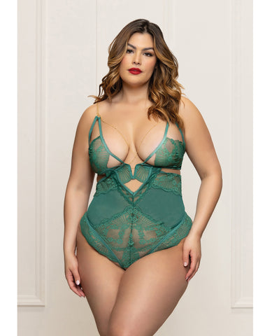 Lace and Mesh Open Crotch Teddy w/Gold Straps - Green 1X/2X