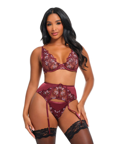 Eloise Floral Embroidered Unlined Underwire 3 pc Set - Burgundy MD