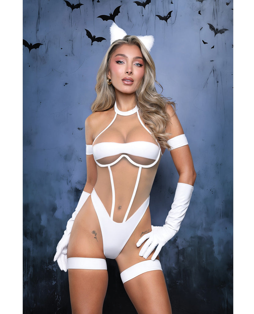 Midnight Purr Sheer Nude Mesh Teddy w/Glove, Armbands, Garters, & Cat Ears - White S/M