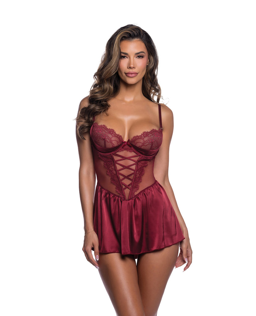 Lace & Satin Babydoll w/Crisscross Detail - Wine LG
