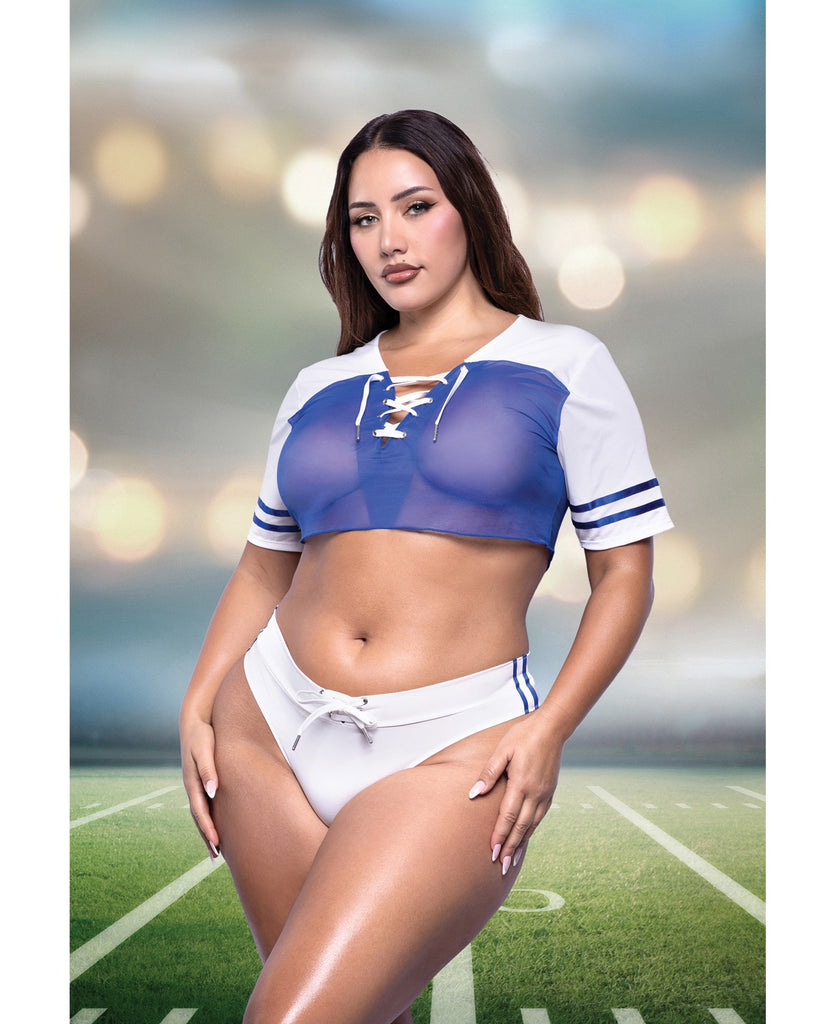 Play The Field Sheer Cropped Jersey w/Lace Up Details & Matching Cheeky Panty - Blue 3X/4X