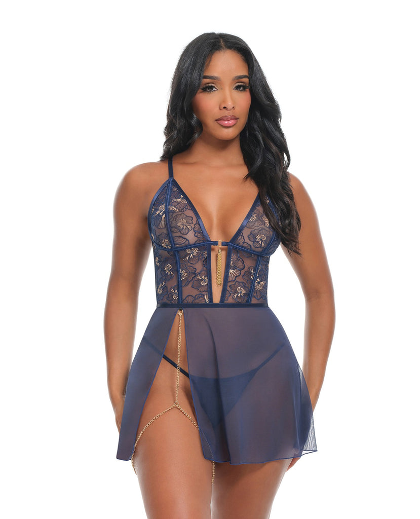 Bleu Floral Embroidered V-Plunge Babydoll w/Chain Tassel, Chain Garter, & G-String - Navy SM