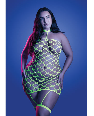 Warning Sign Gartered Fishnet Dress w/Rhinestone Detail - Neon Green QN