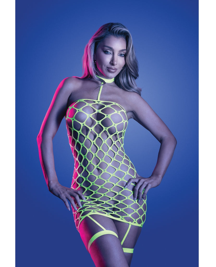 Warning Sign Gartered Fishnet Dress w/Rhinestone Detail - Neon Green O/S