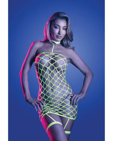 Warning Sign Gartered Fishnet Dress w/Rhinestone Detail - Neon Green O/S