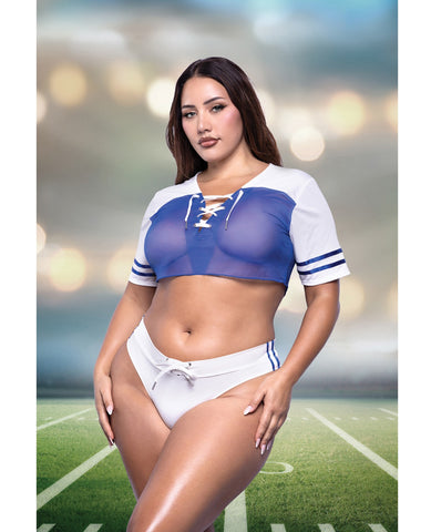 Play The Field Sheer Cropped Jersey w/Lace Up Details & Matching Cheeky Panty - Blue 1X/2X