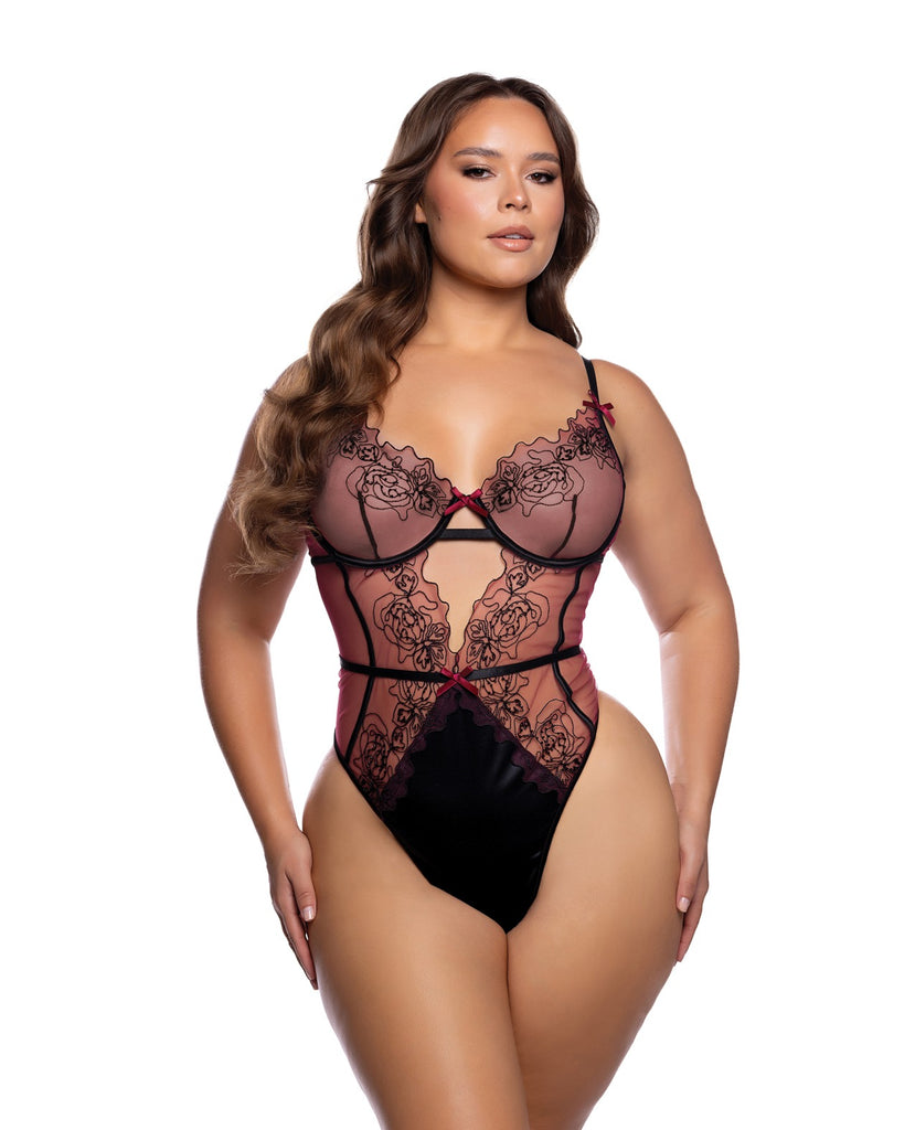 Floral Lace Underwire Cut Out Teddy - Black/Wine 2X