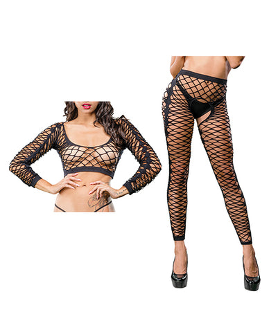 Beverly Hills Naughty Girl Crotchless Front Mesh & Side Design Leggings Black O/s