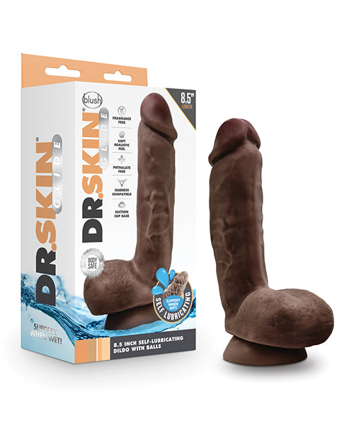 Blush Dr. Skin Glide 8.5" Self Lubricating Dildo W-balls - Chocolate