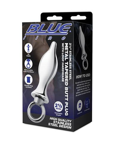 Blue Line 2.5"  Stainless Steal Bling Tapered Butt Plug w/Loop Hardware