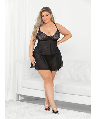Raised Embroidery Lace Babydoll Black 1x