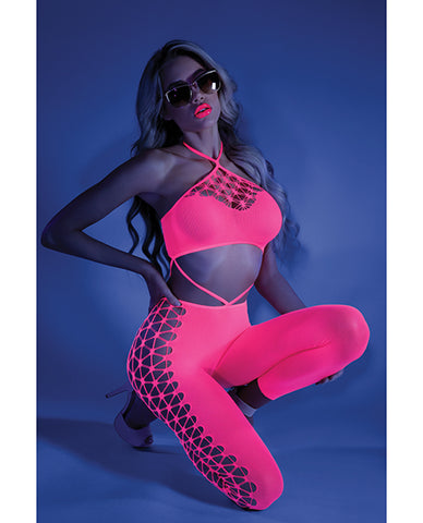 Glow Black Light Cropped Cutout Halter Bodystocking Neon Pink O-s