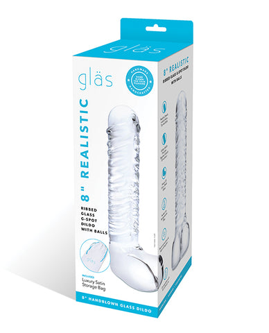 Glas 8" Realistic Ribbed Glass G-spot Dildo W-balls - Clear