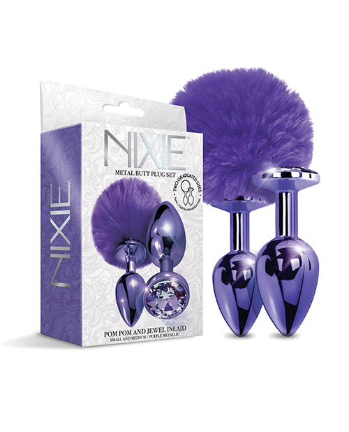 Nixie Metal Butt Plug Set W-jewel Inlaid & Pom Pom - Purple Metallic