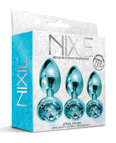 Nixie Metal Butt Plug Trainer Set W-inlaid Jewel - Blue Metallic