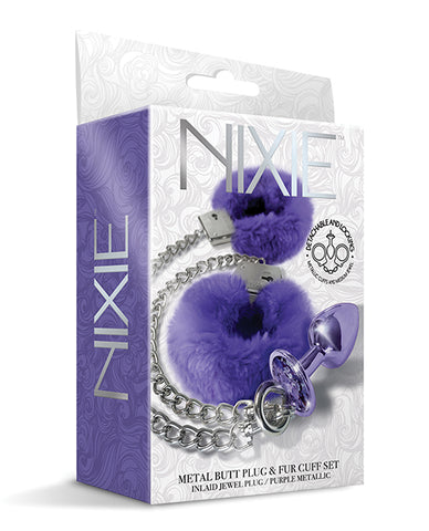 Nixie Metal Butt Plug W-inlaid Jewel & Fur Cuff Set - Purple Metallic