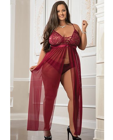 Empire Waist Laced Sheer Long Dress & Panty Mulled Wine Qn