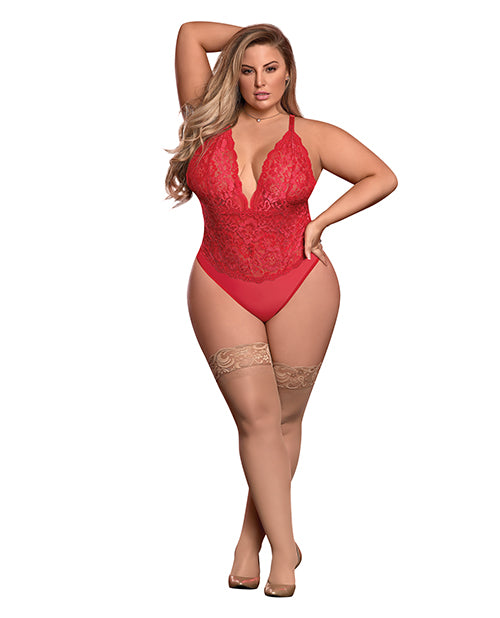 Risque Business Lace & Mesh Teddy W-snap Crotch Red Qn