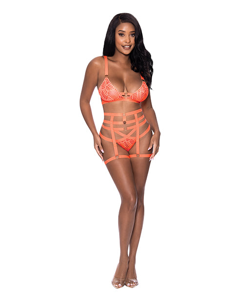 Rude Awakening Bralette, Thigh High Garter & Cheeky Panty Orange S/m