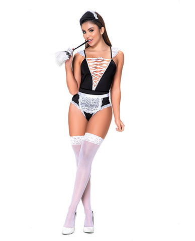 3 Pc French Maid Bodysuit, Apron & Head Piece Black-white S-m