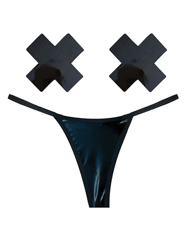 Neva Nude Naughty Knix Dom Squad Wet Vinyl G-string & Pasties - Black O-s